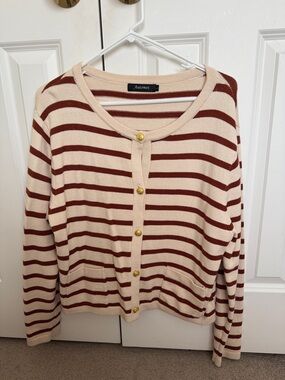 Striped Crewneck Cardigan in Cream & Brown with Gold Buttons